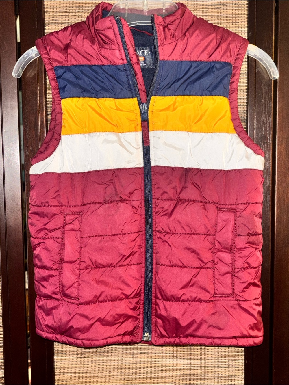 Kid’s Quilted Colorblock Puffer Vest - Burgundy with Navy, Yellow & White